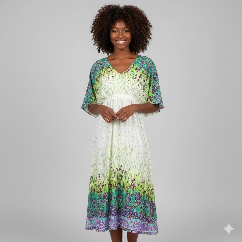 The Paragon Womens Size Large Floral Print Dress White Green Kimono Sleeve Boho
